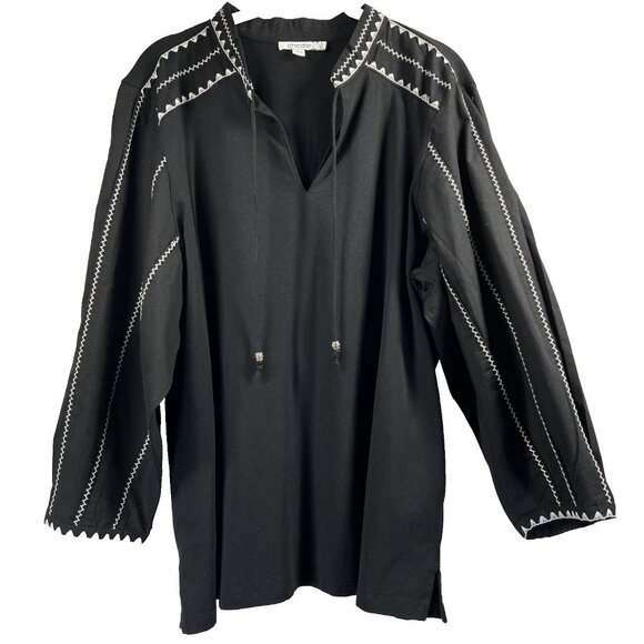 Chicos Top Blouse XL Solid Black White Embroidered Balloon Sleeve Bohemian - Picture 1 of 8
